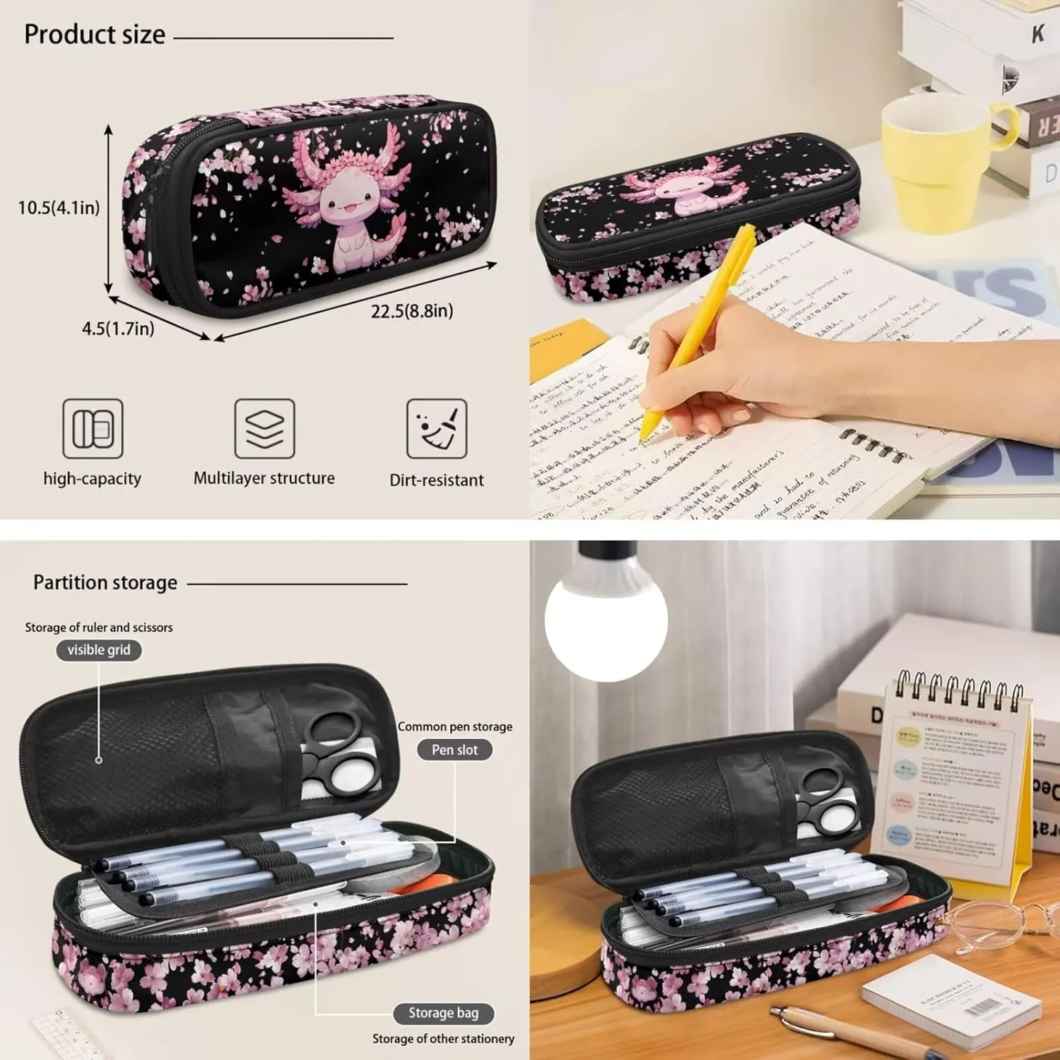 HUGS IDEA Axolotl Backpack for Girls with Lunchbox Cherry Blossom Bookbag for Kids Lightweight School Bag Set for Girls 8-10 Kids Backpack with Pencil Case for Students School Bookbags