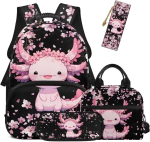 HUGS IDEA Axolotl Backpack for Girls with Lunchbox Cherry Blossom Bookbag for Kids Lightweight School Bag Set for Girls 8-10 Kids Backpack with Pencil Case for Students School Bookbags