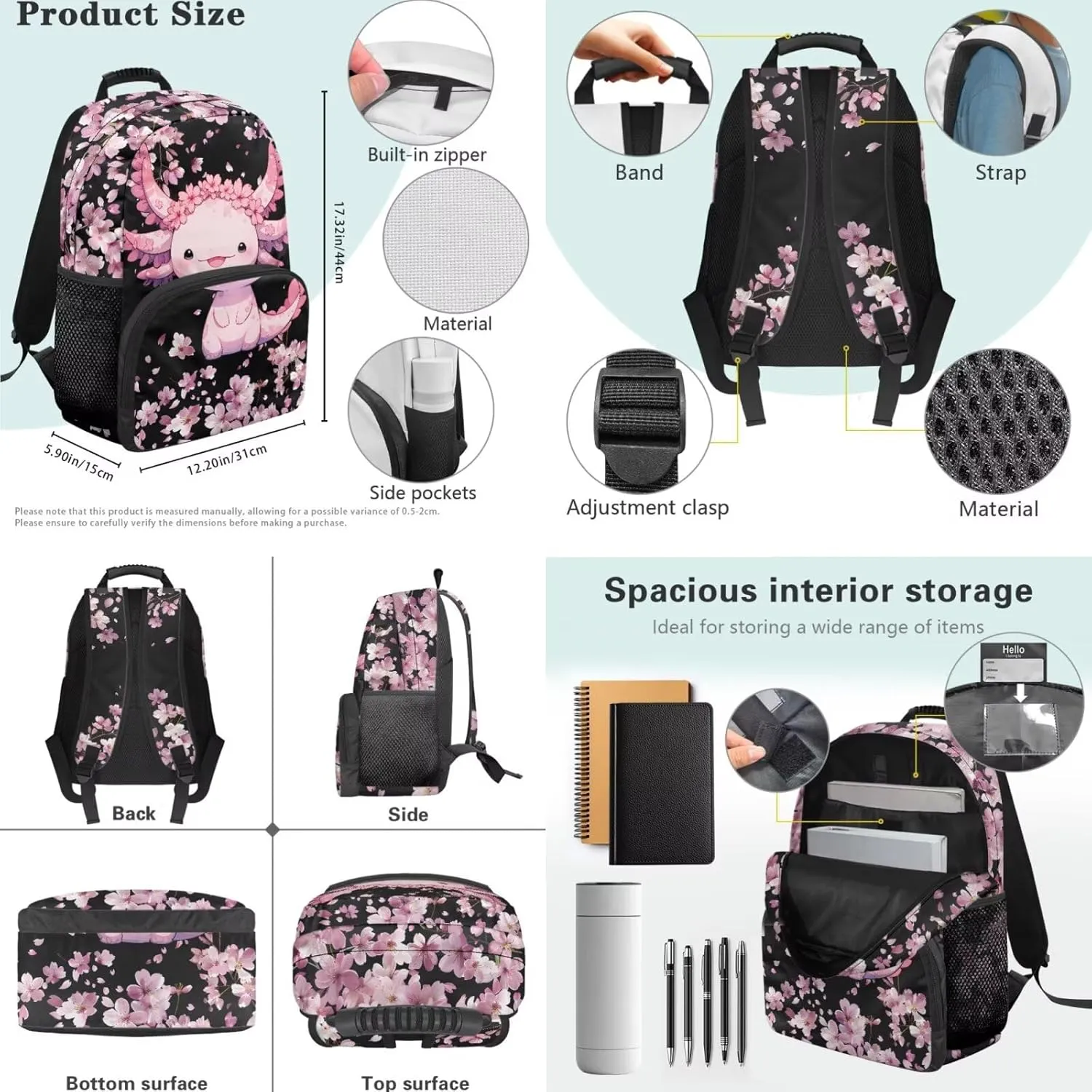 HUGS IDEA Axolotl Backpack for Girls with Lunchbox Cherry Blossom Bookbag for Kids Lightweight School Bag Set for Girls 8-10 Kids Backpack with Pencil Case for Students School Bookbags