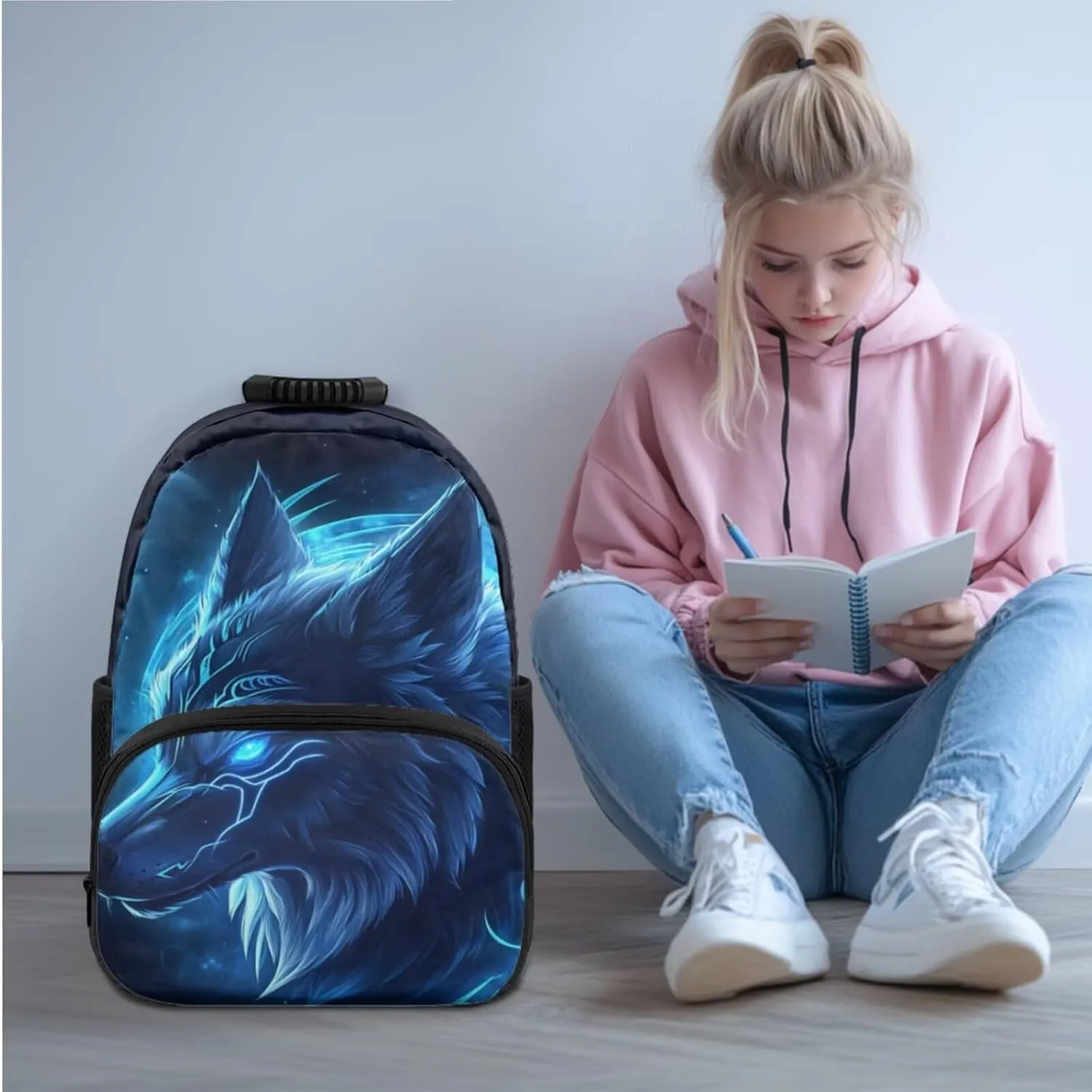 HUGS IDEA Blue Wolf Kids Backpack for Boys 6-8 17 Inch Large Capacity Bookbag for Kids 4Pcs School Bag Set with Lunch Box Lightweight Elementary School Backpack for Boys Book Bag