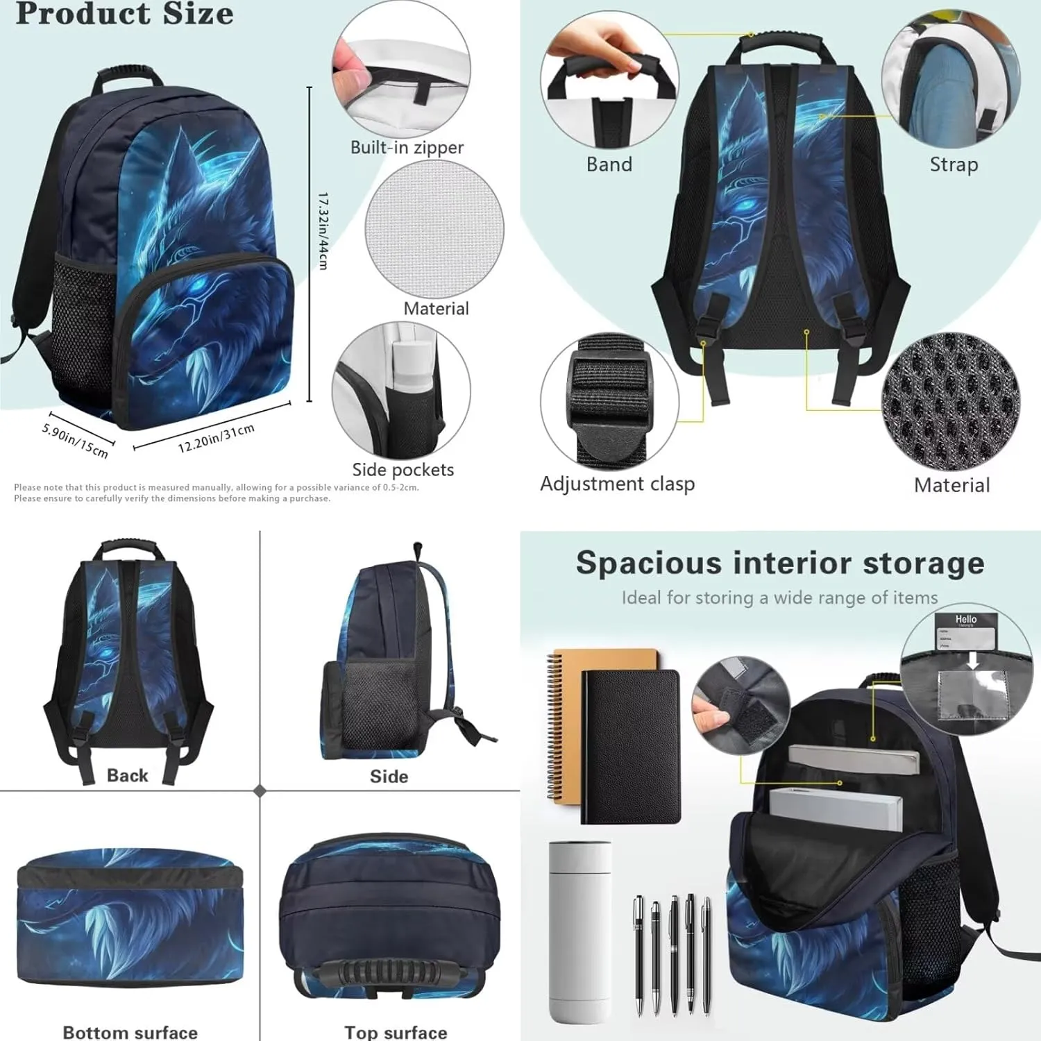 HUGS IDEA Blue Wolf Kids Backpack for Boys 6-8 17 Inch Large Capacity Bookbag for Kids 4Pcs School Bag Set with Lunch Box Lightweight Elementary School Backpack for Boys Book Bag