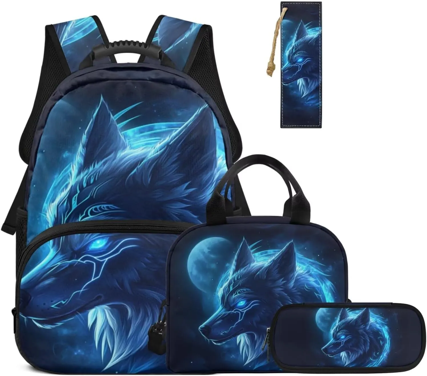 HUGS IDEA Blue Wolf Kids Backpack for Boys 6-8 17 Inch Large Capacity Bookbag for Kids 4Pcs School Bag Set with Lunch Box Lightweight Elementary School Backpack for Boys Book Bag