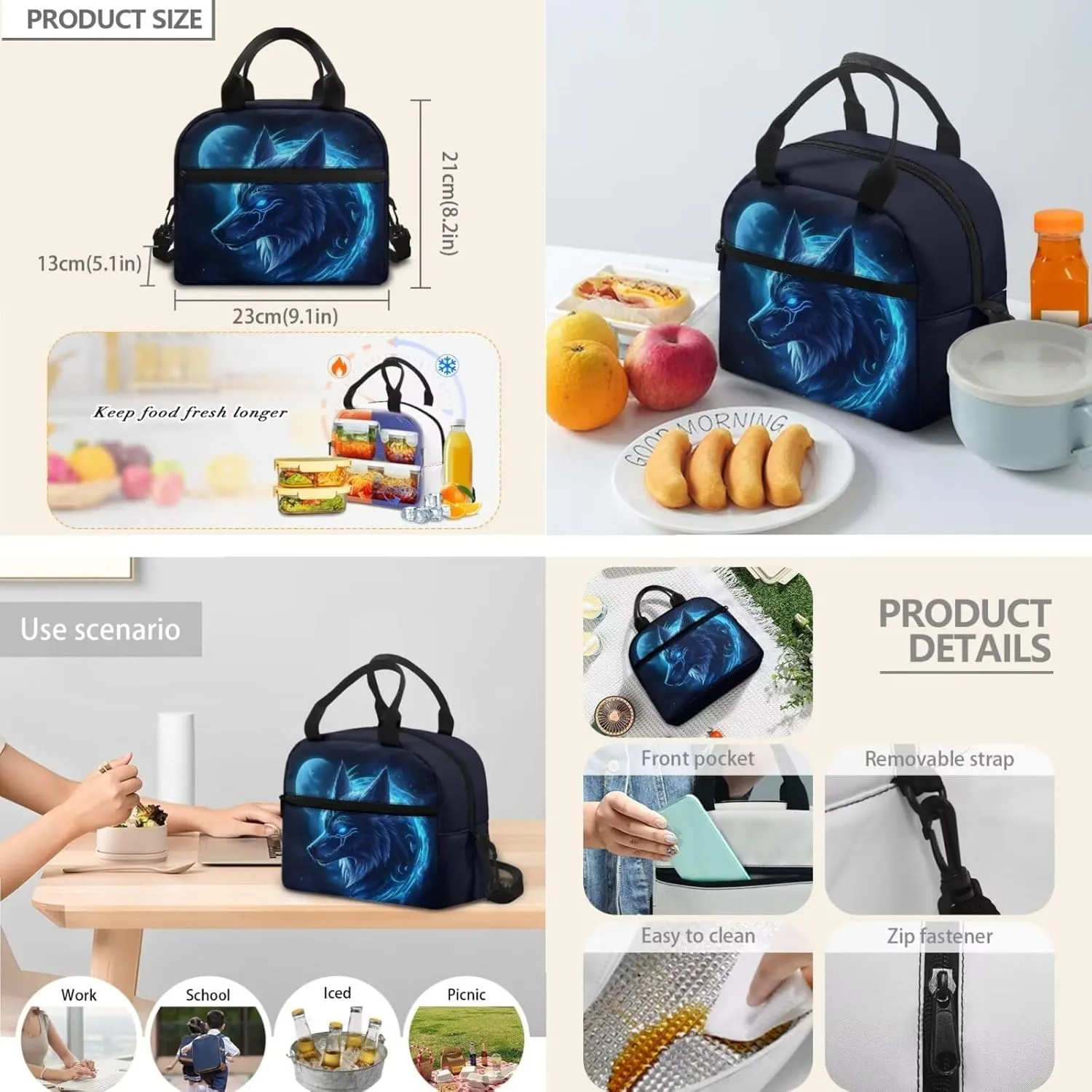 HUGS IDEA Blue Wolf Kids Backpack for Boys 6-8 17 Inch Large Capacity Bookbag for Kids 4Pcs School Bag Set with Lunch Box Lightweight Elementary School Backpack for Boys Book Bag