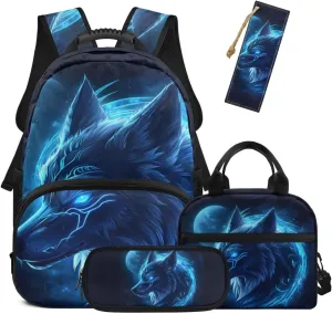 HUGS IDEA Blue Wolf Kids Backpack for Boys 6-8 17 Inch Large Capacity Bookbag for Kids 4Pcs School Bag Set with Lunch Box Lightweight Elementary School Backpack for Boys Book Bag