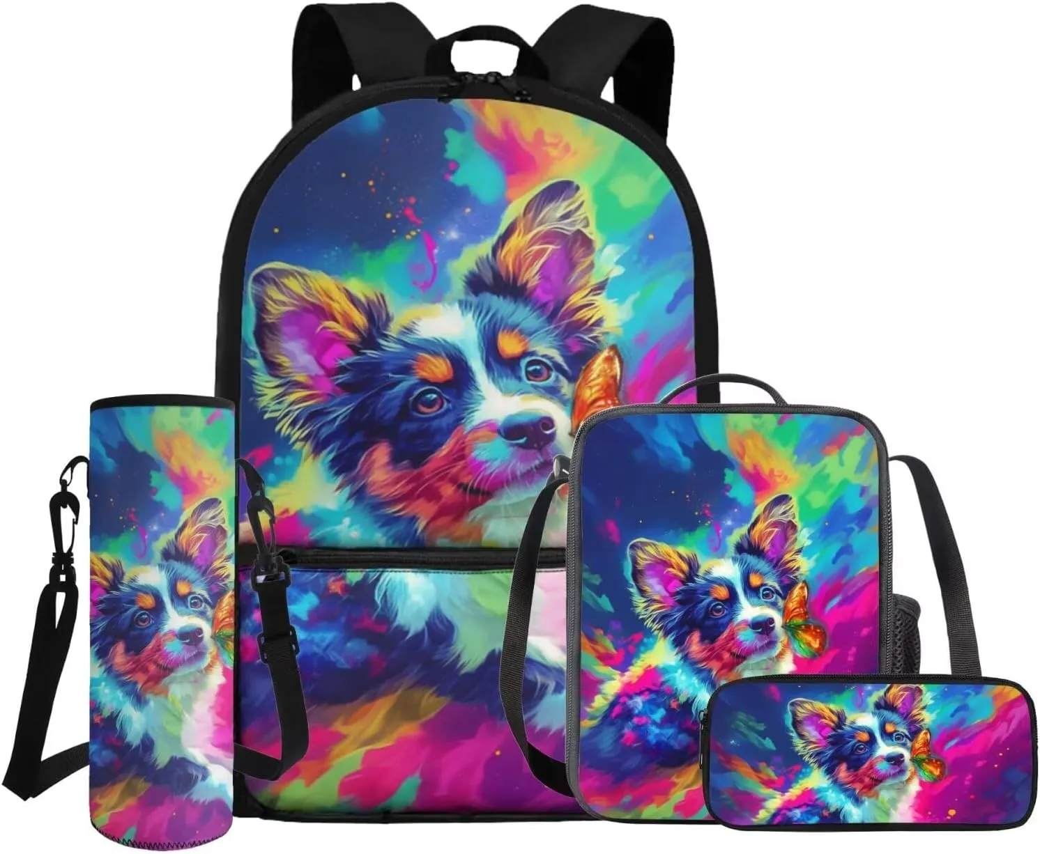 HUGS IDEA Border Collie School Bag Set for Girls Cute Backpack for Girls 8-10 Large Capacity Bookbag with Lunch Box Pencil Case Water Bottle Bag Back to School Gifts for Elemantary Students