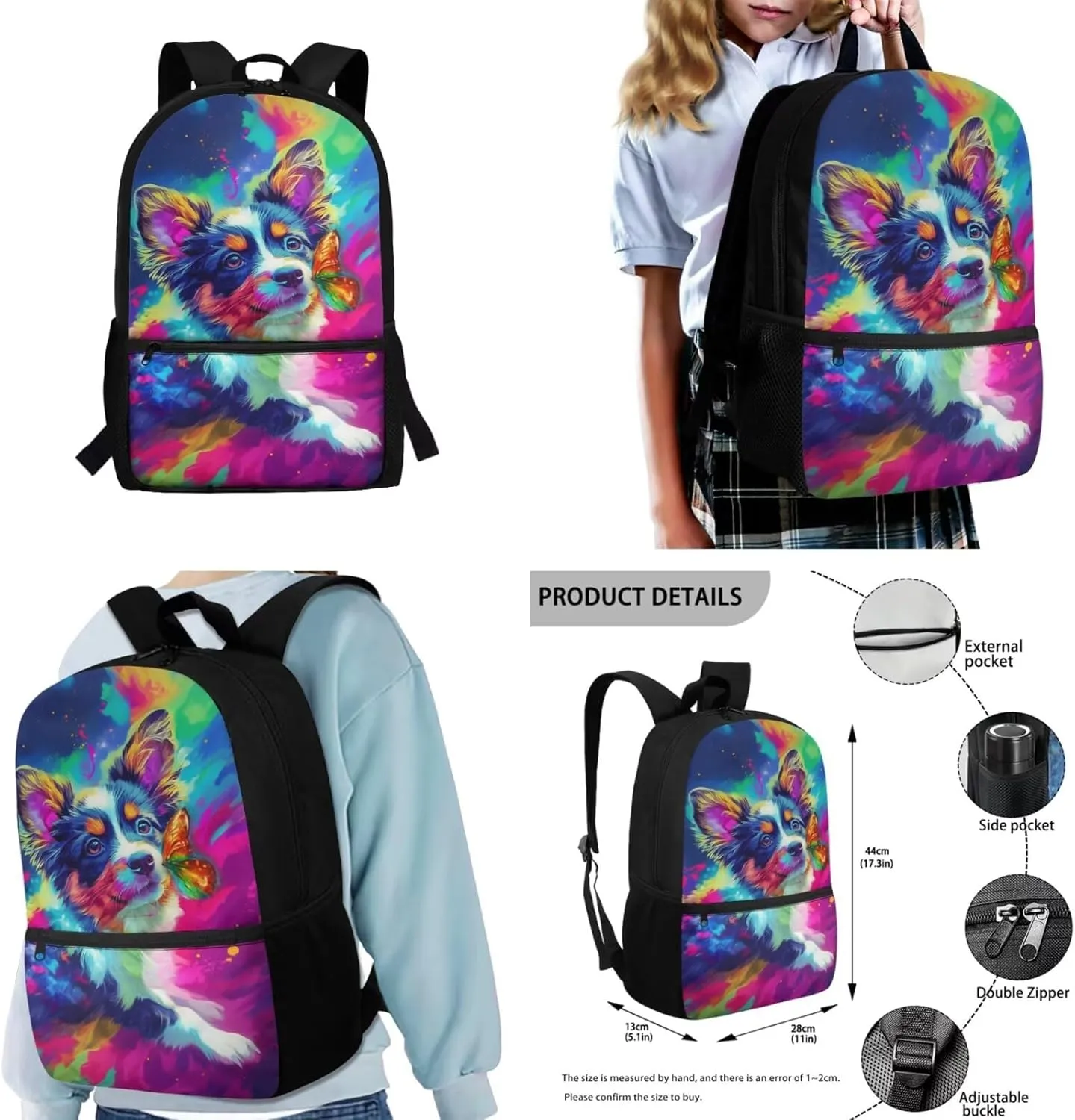 HUGS IDEA Border Collie School Bag Set for Girls Cute Backpack for Girls 8-10 Large Capacity Bookbag with Lunch Box Pencil Case Water Bottle Bag Back to School Gifts for Elemantary Students