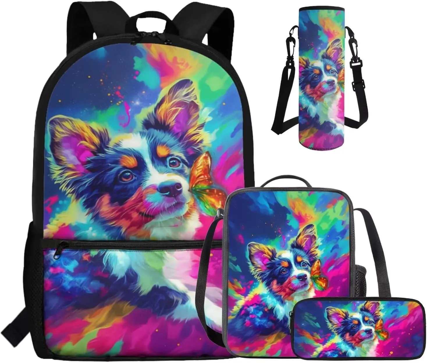 HUGS IDEA Border Collie School Bag Set for Girls Cute Backpack for Girls 8-10 Large Capacity Bookbag with Lunch Box Pencil Case Water Bottle Bag Back to School Gifts for Elemantary Students