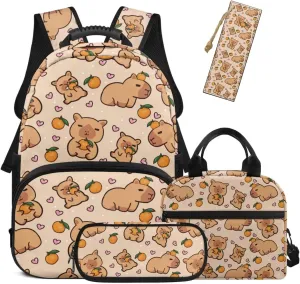 HUGS IDEA Capybara Backpack for Girls Cute Backpack with Lunch Box Set of 4 Pcs Girls School Bag for Elementary Kindergarten Lightweight Kids Bookbag Pencil Case and Leather Bookmark