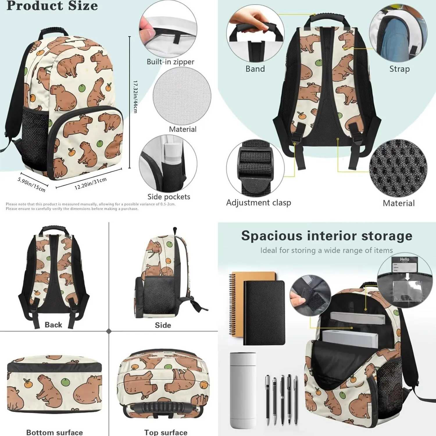 HUGS IDEA Capybara Backpack with Lunch Box 17 Inch Girls Backpack with Bookmark Cute Bookbag for Girls 6-8 Lightweight 4 in 1 School Bag for Elementary Students Travel Rucksack