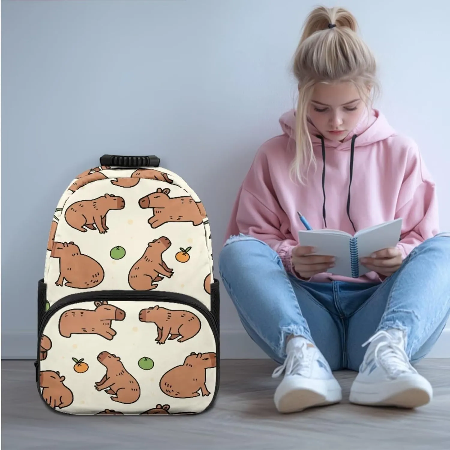 HUGS IDEA Capybara Backpack with Lunch Box 17 Inch Girls Backpack with Bookmark Cute Bookbag for Girls 6-8 Lightweight 4 in 1 School Bag for Elementary Students Travel Rucksack