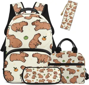 HUGS IDEA Capybara Backpack with Lunch Box 17 Inch Girls Backpack with Bookmark Cute Bookbag for Girls 6-8 Lightweight 4 in 1 School Bag for Elementary Students Travel Rucksack