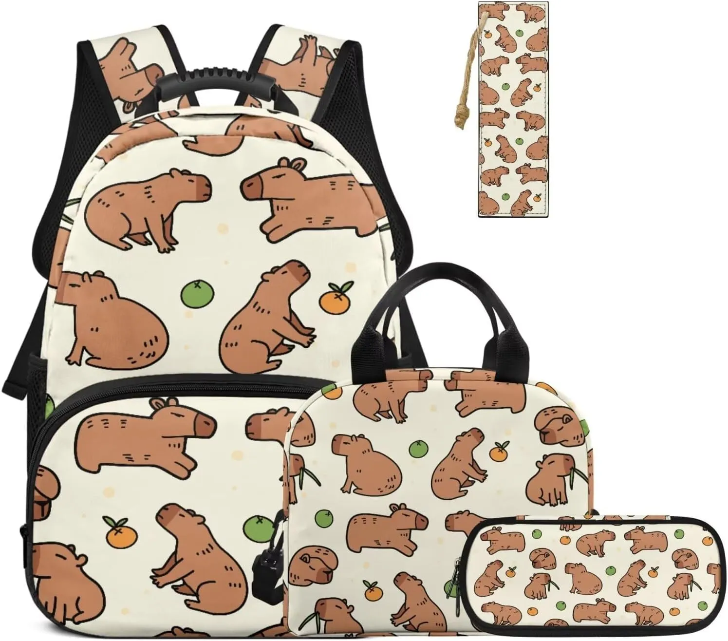 HUGS IDEA Capybara Backpack with Lunch Box 17 Inch Girls Backpack with Bookmark Cute Bookbag for Girls 6-8 Lightweight 4 in 1 School Bag for Elementary Students Travel Rucksack