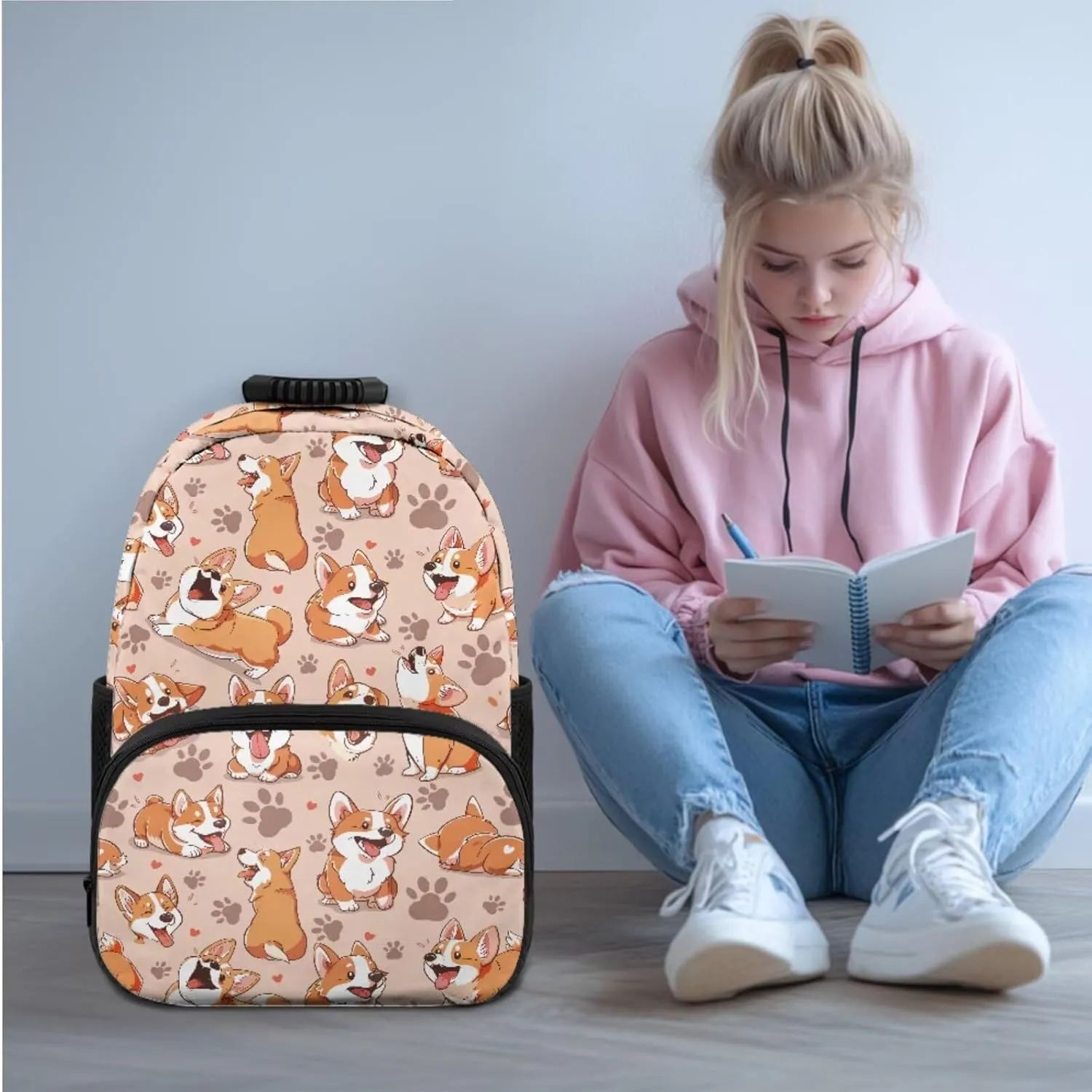 HUGS IDEA Cute Corgi Backpacks for Girls Bookbags with Insulated Lunch Bag Pencil Case and Bookmark Cute School Back Pack with Side Pockets for Classroom 4 in 1 Children Backpack Set