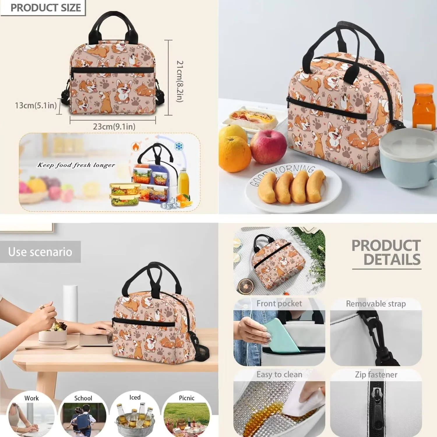HUGS IDEA Cute Corgi Backpacks for Girls Bookbags with Insulated Lunch Bag Pencil Case and Bookmark Cute School Back Pack with Side Pockets for Classroom 4 in 1 Children Backpack Set