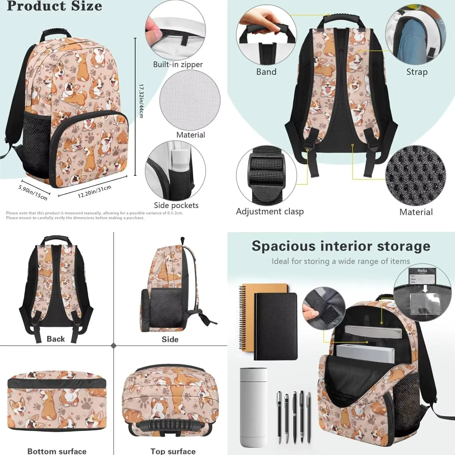 HUGS IDEA Cute Corgi Backpacks for Girls Bookbags with Insulated Lunch Bag Pencil Case and Bookmark Cute School Back Pack with Side Pockets for Classroom 4 in 1 Children Backpack Set