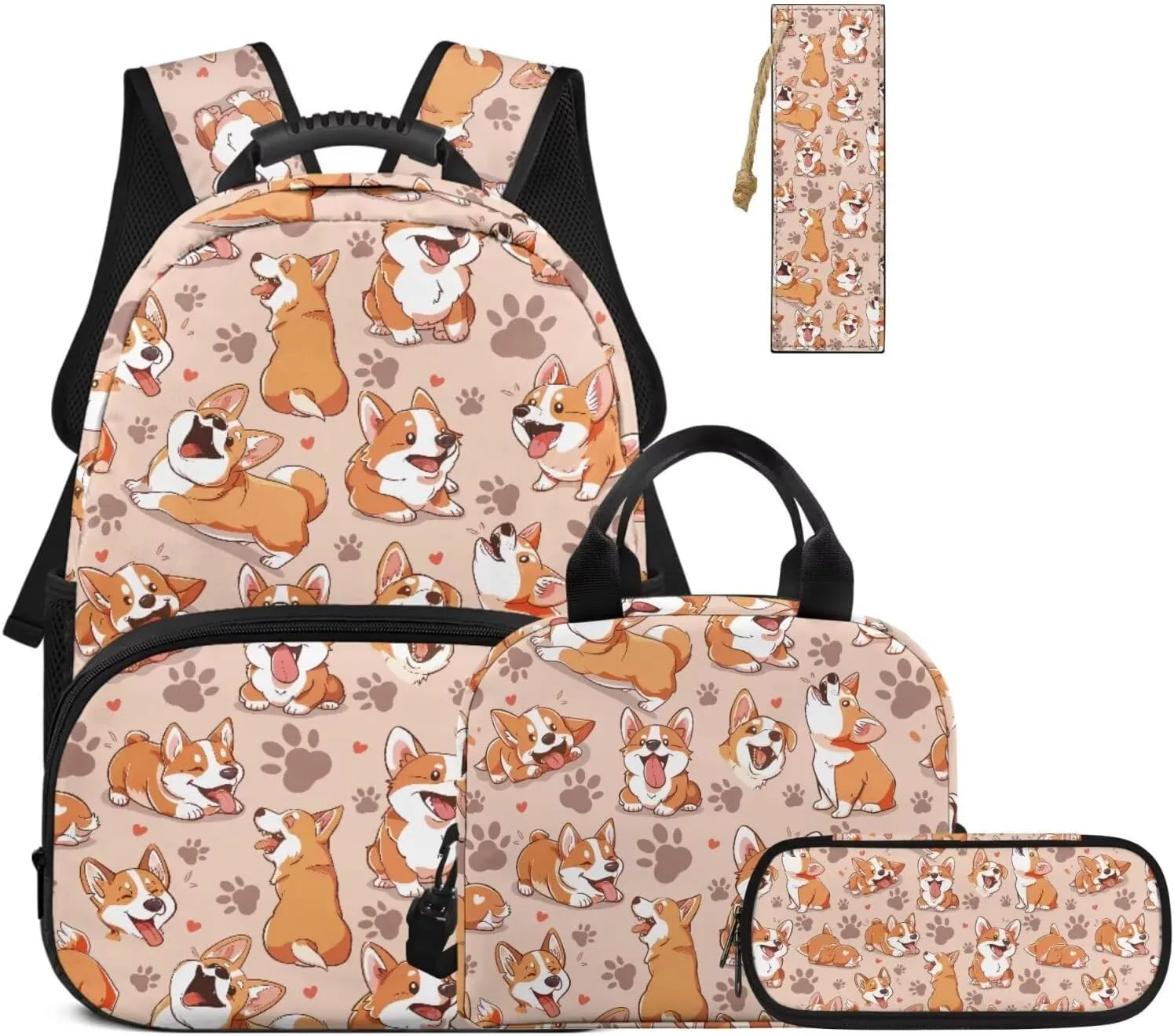 HUGS IDEA Cute Corgi Backpacks for Girls Bookbags with Insulated Lunch Bag Pencil Case and Bookmark Cute School Back Pack with Side Pockets for Classroom 4 in 1 Children Backpack Set