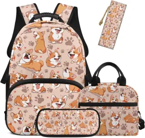 HUGS IDEA Cute Corgi Backpacks for Girls Bookbags with Insulated Lunch Bag Pencil Case and Bookmark Cute School Back Pack with Side Pockets for Classroom 4 in 1 Children Backpack Set