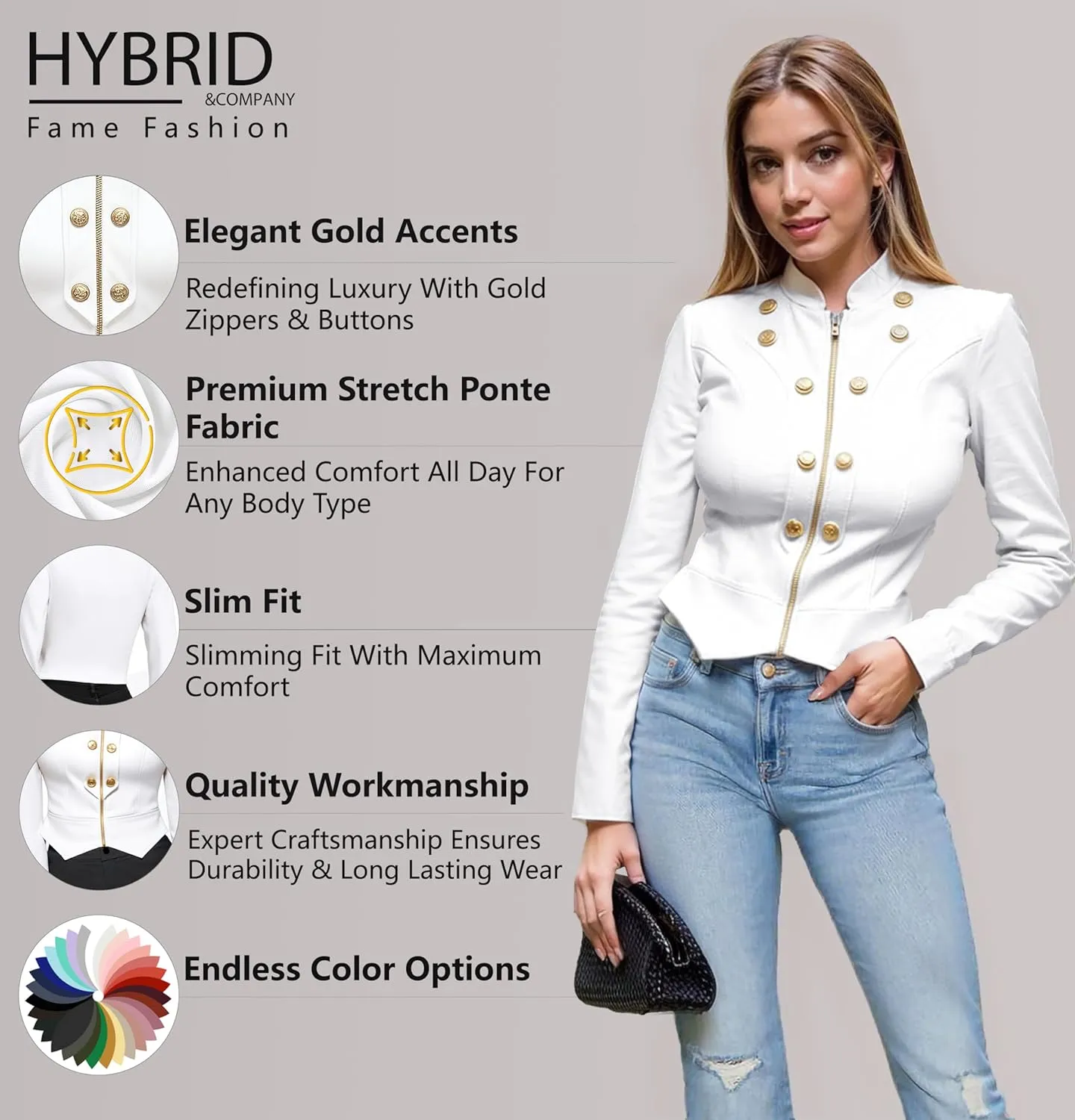 Hybrid & Company Womens Blazer Cropped Ponte Fabric Open Front Zipper Dress Jacket Casual Slim Jacket