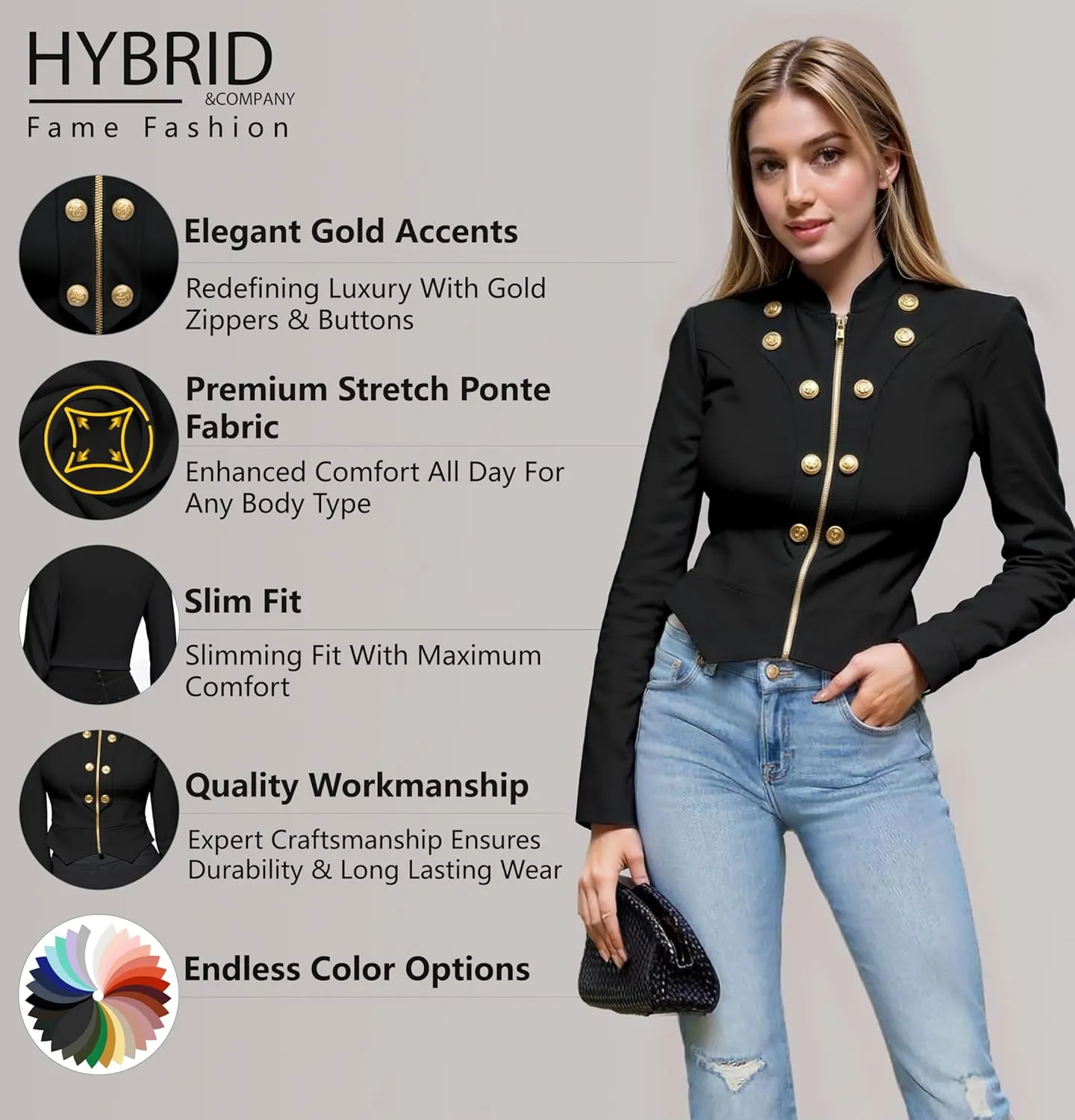 Hybrid & Company Womens Blazer Cropped Ponte Fabric Open Front Zipper Dress Jacket Casual Slim Jacket