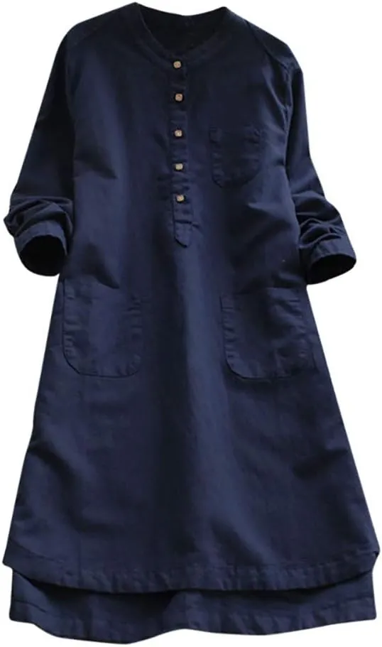 iQKA Women Plus Size Cotton Linen Button Down Shirt Dress Long Sleeve Casual Loose Pockets Mini Tunic Dress