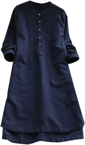 iQKA Women Plus Size Cotton Linen Button Down Shirt Dress Long Sleeve Casual Loose Pockets Mini Tunic Dress