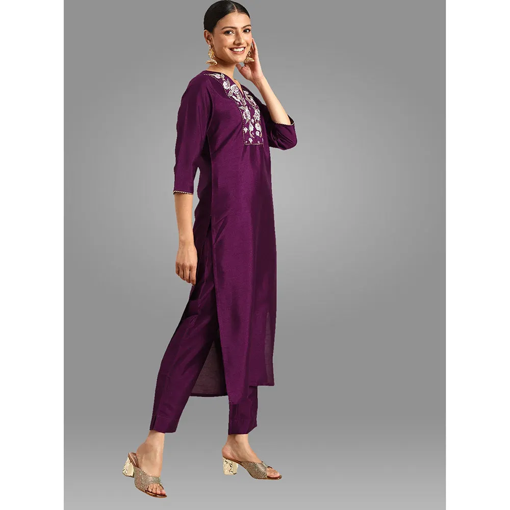 Janasya Womens Purple Crepe Silk Yoke Embroidered Kurta, Pant and Dupatta (Set of 3)