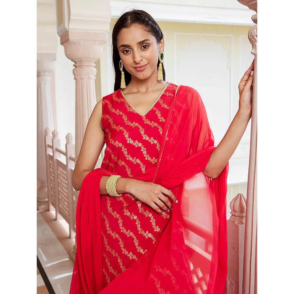 Janasya Womens Red Brocade Woven Design Kurta with Pants and Dupatta (Set of 3)