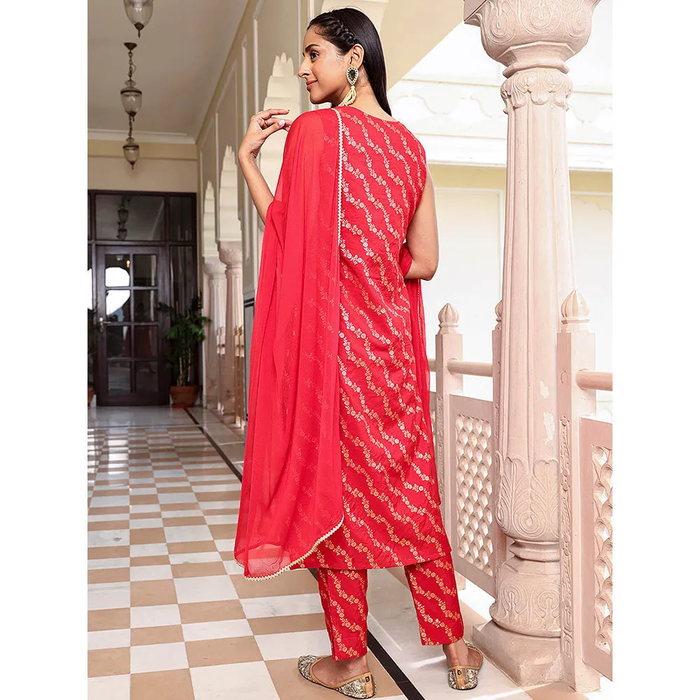 Janasya Womens Red Brocade Woven Design Kurta with Pants and Dupatta (Set of 3)