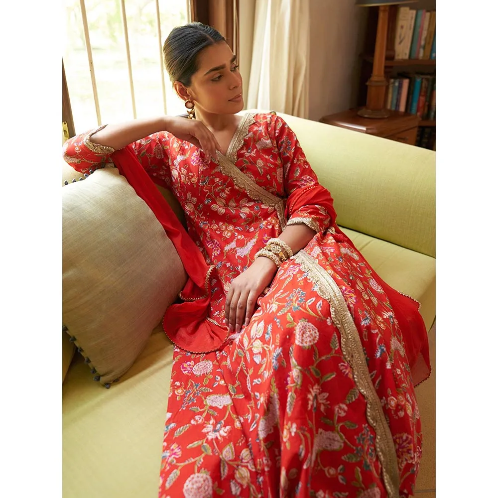 Janasya Womens Red Cotton Floral Printed Kurta, Palazzo and Dupatta (Set of 3)