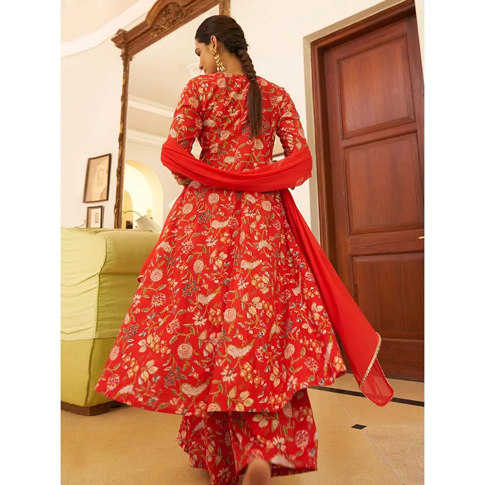 Janasya Womens Red Cotton Floral Printed Kurta, Palazzo and Dupatta (Set of 3)
