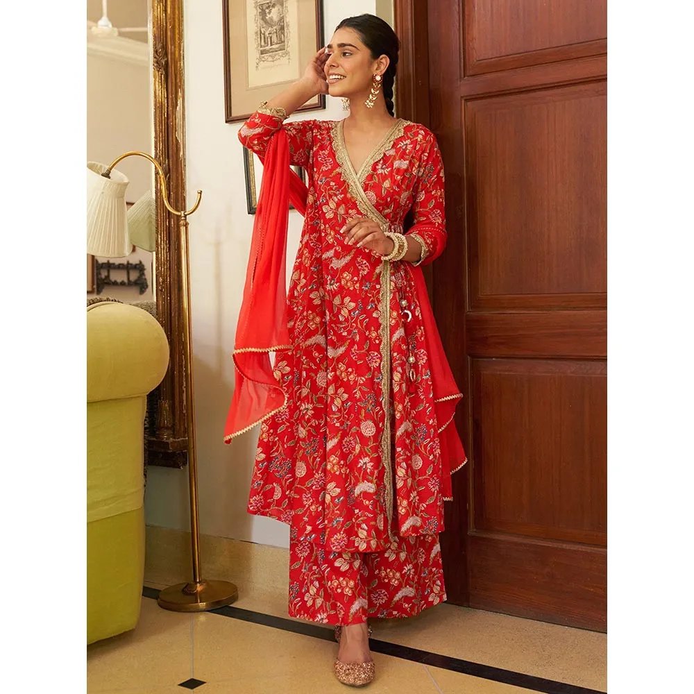 Janasya Womens Red Cotton Floral Printed Kurta, Palazzo and Dupatta (Set of 3)