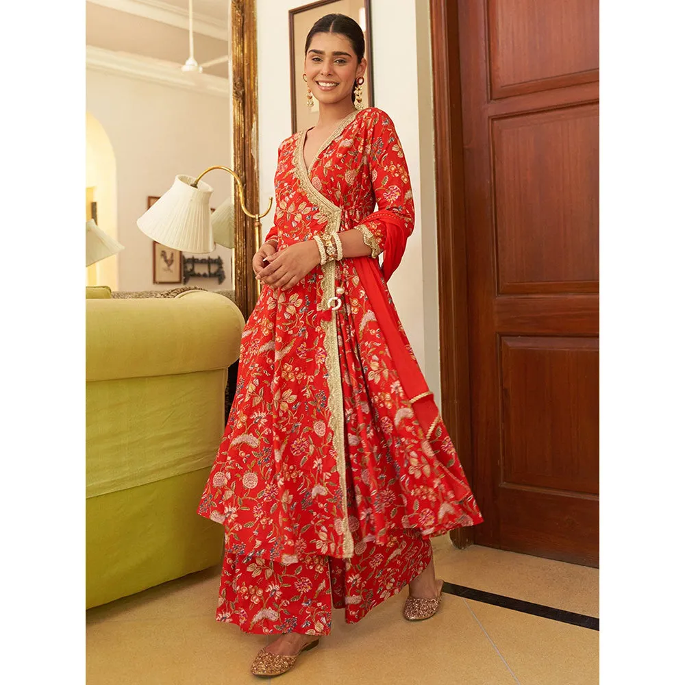 Janasya Womens Red Cotton Floral Printed Kurta, Palazzo and Dupatta (Set of 3)