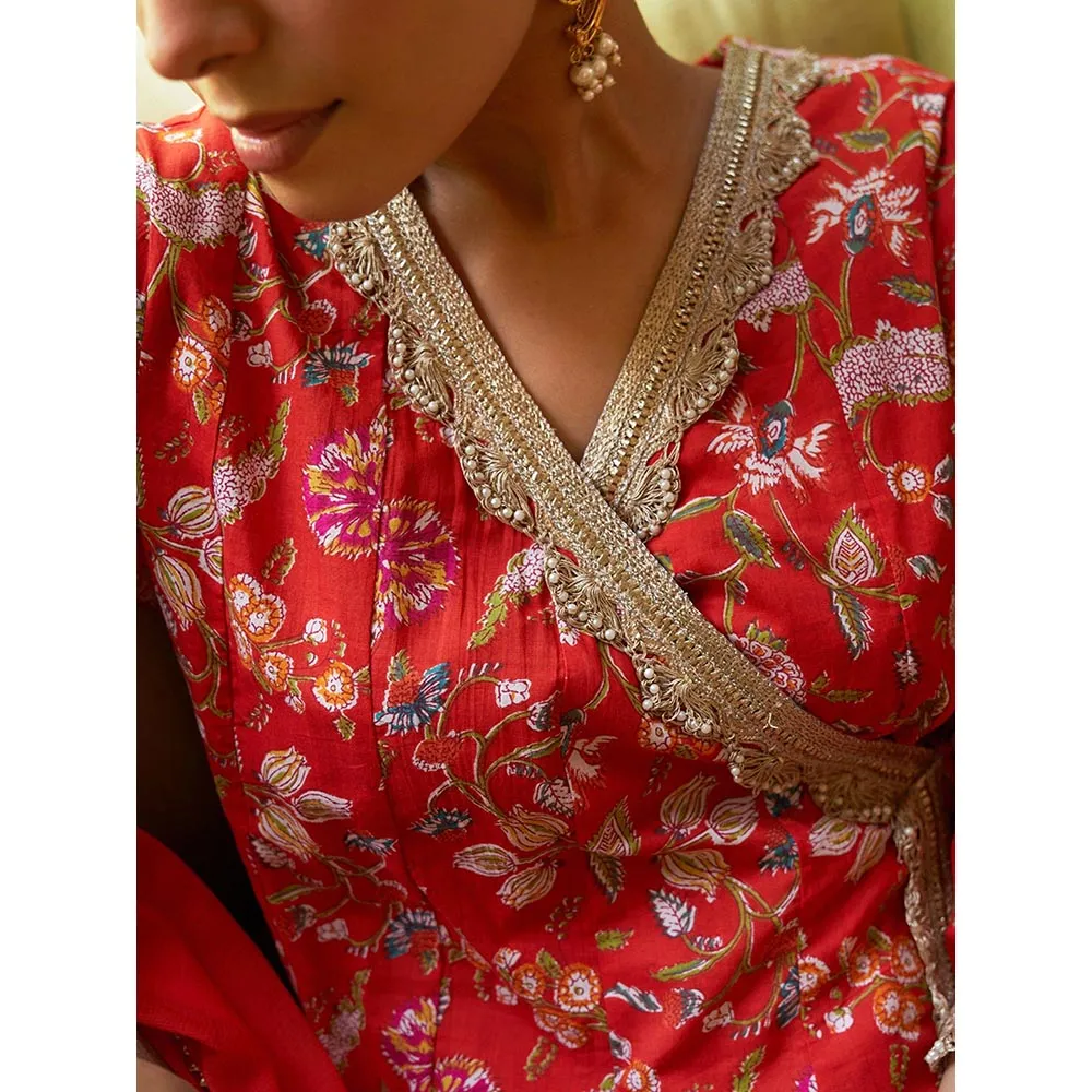 Janasya Womens Red Cotton Floral Printed Kurta, Palazzo and Dupatta (Set of 3)