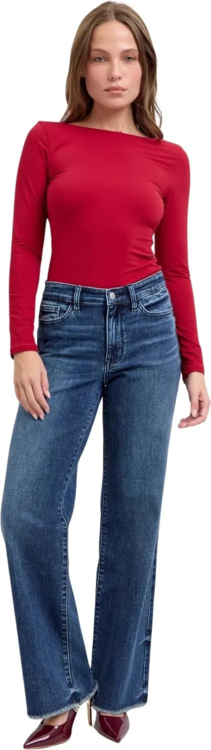 Judy Blue Women's Mid-Rise Tinted Wide Leg Jeans with Frayed Hem