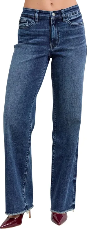 Judy Blue Women's Mid-Rise Tinted Wide Leg Jeans with Frayed Hem
