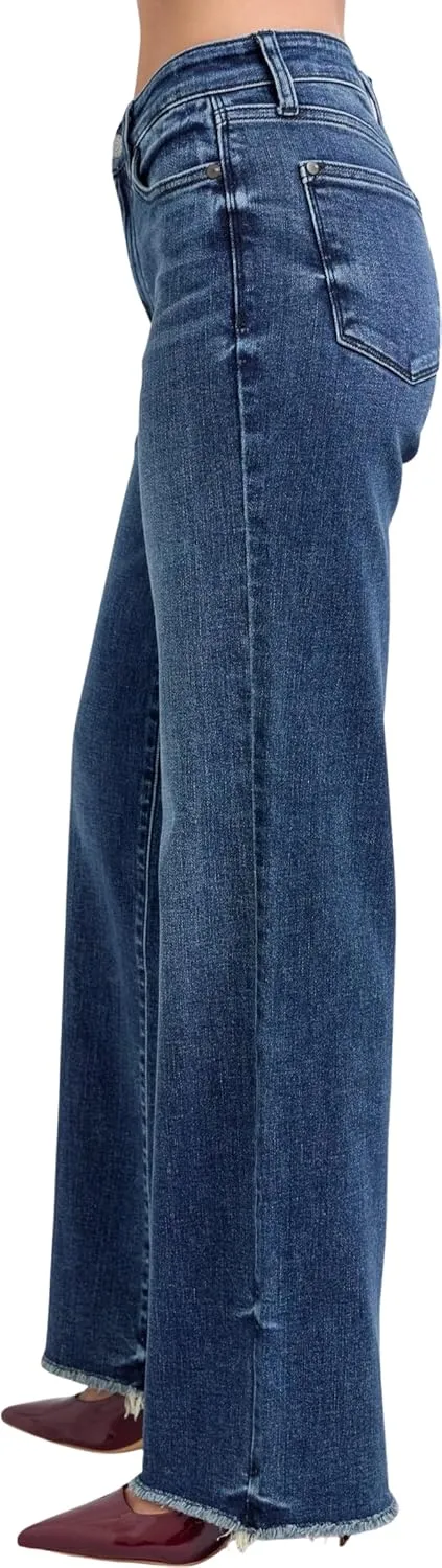 Judy Blue Women's Mid-Rise Tinted Wide Leg Jeans with Frayed Hem