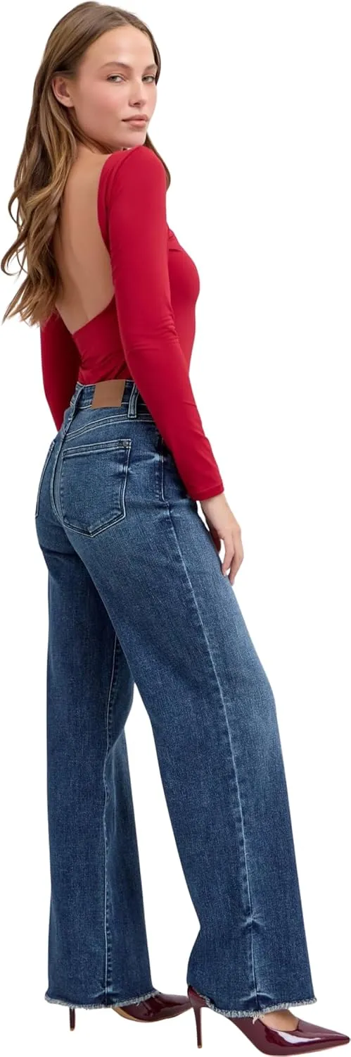 Judy Blue Women's Mid-Rise Tinted Wide Leg Jeans with Frayed Hem