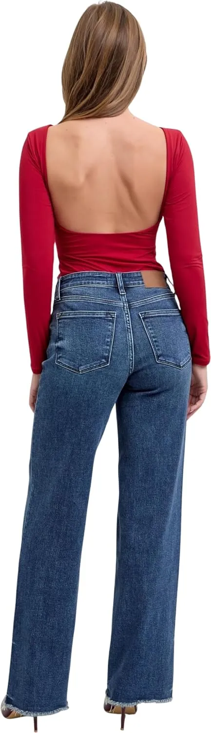 Judy Blue Women's Mid-Rise Tinted Wide Leg Jeans with Frayed Hem