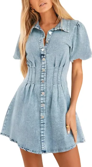 KDF Summer Denim Dress for Women Puff Sleeve Slim Fit Jean Dresses for Women 2025 Casual
