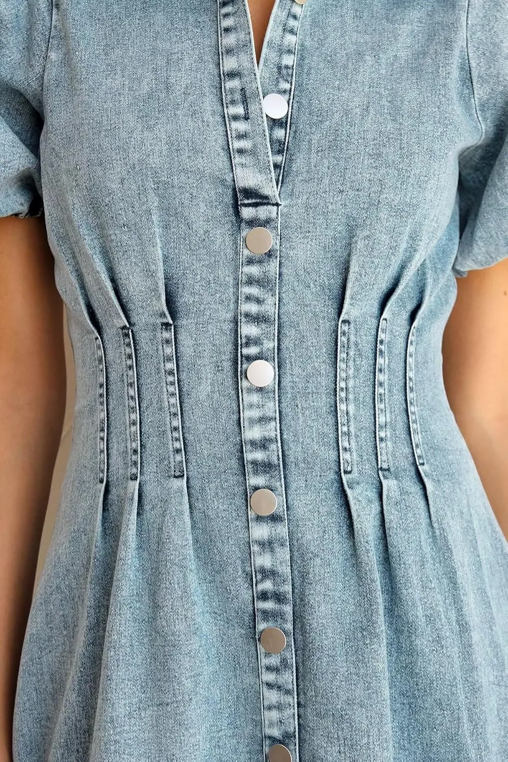 KDF Summer Denim Dress for Women Puff Sleeve Slim Fit Jean Dresses for Women 2025 Casual