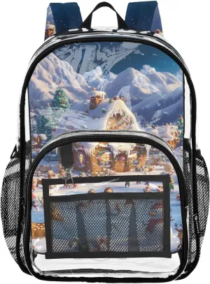 Kids Backpack Boys Girls Cartoon Winter Wonderland Clear Backpack Women Cute Approved Shoulder Bag