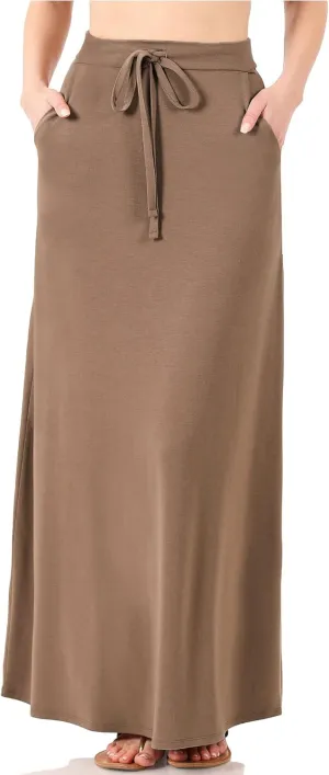 KOGMO Womens Casual Maxi Skirt with Waist Drawstring and Side Pockets (S-3X)
