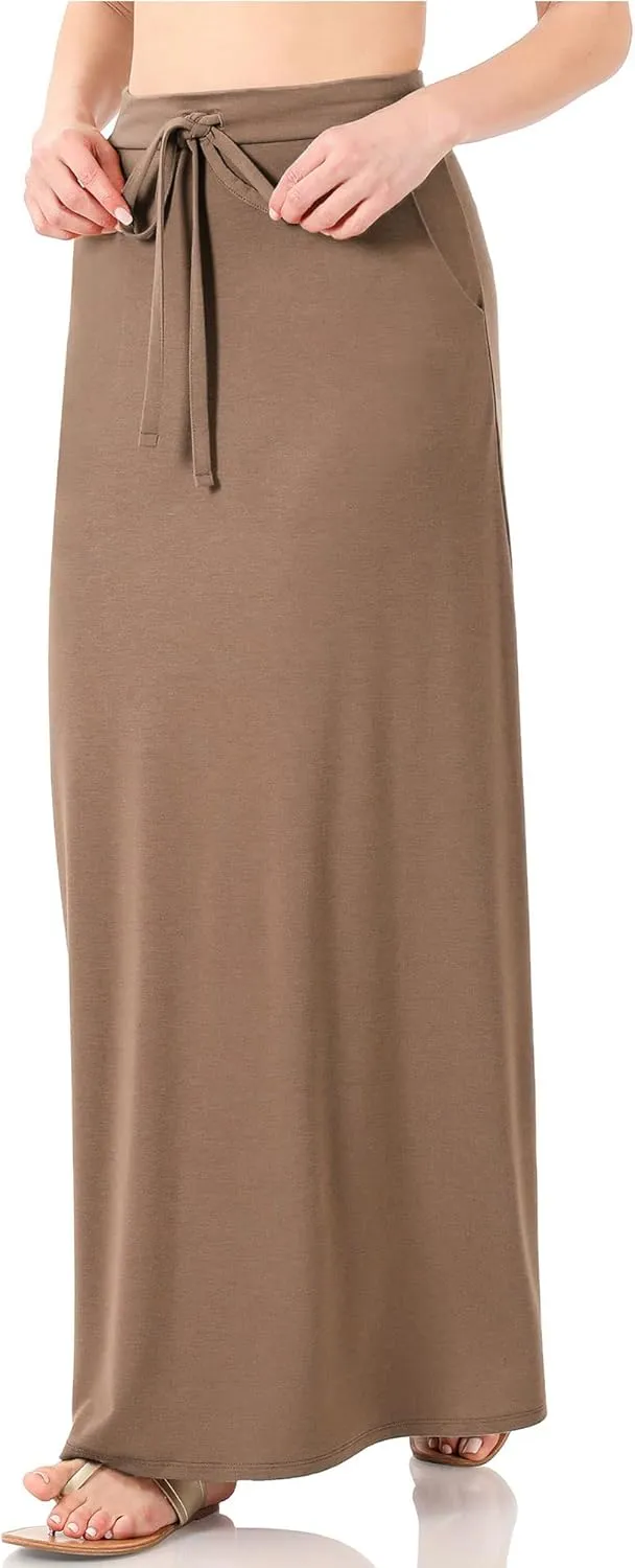 KOGMO Womens Casual Maxi Skirt with Waist Drawstring and Side Pockets (S-3X)