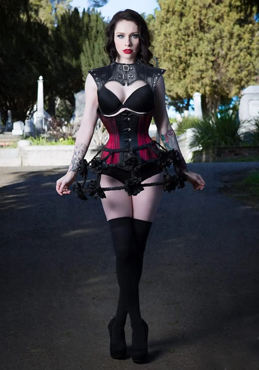 KUOIN Women's Gothic Shoulder Armor Harness with Rivets Leather Jacket Steampunk Shrug Corset Costume