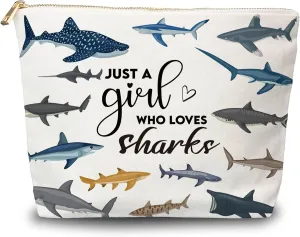 Kwtzkuo Shark Canvas Bag - Just A Girl Who Loves Sharks Zipper Pouch, Sharks Ocean Animals Themed Gift for Shark Lovers