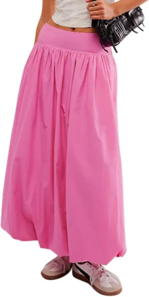 LAVASEON Women Ruffle Bubble Maxi Skirt Y2K High Elastic Waist A Line Pleated Summer Long Fair Skirt