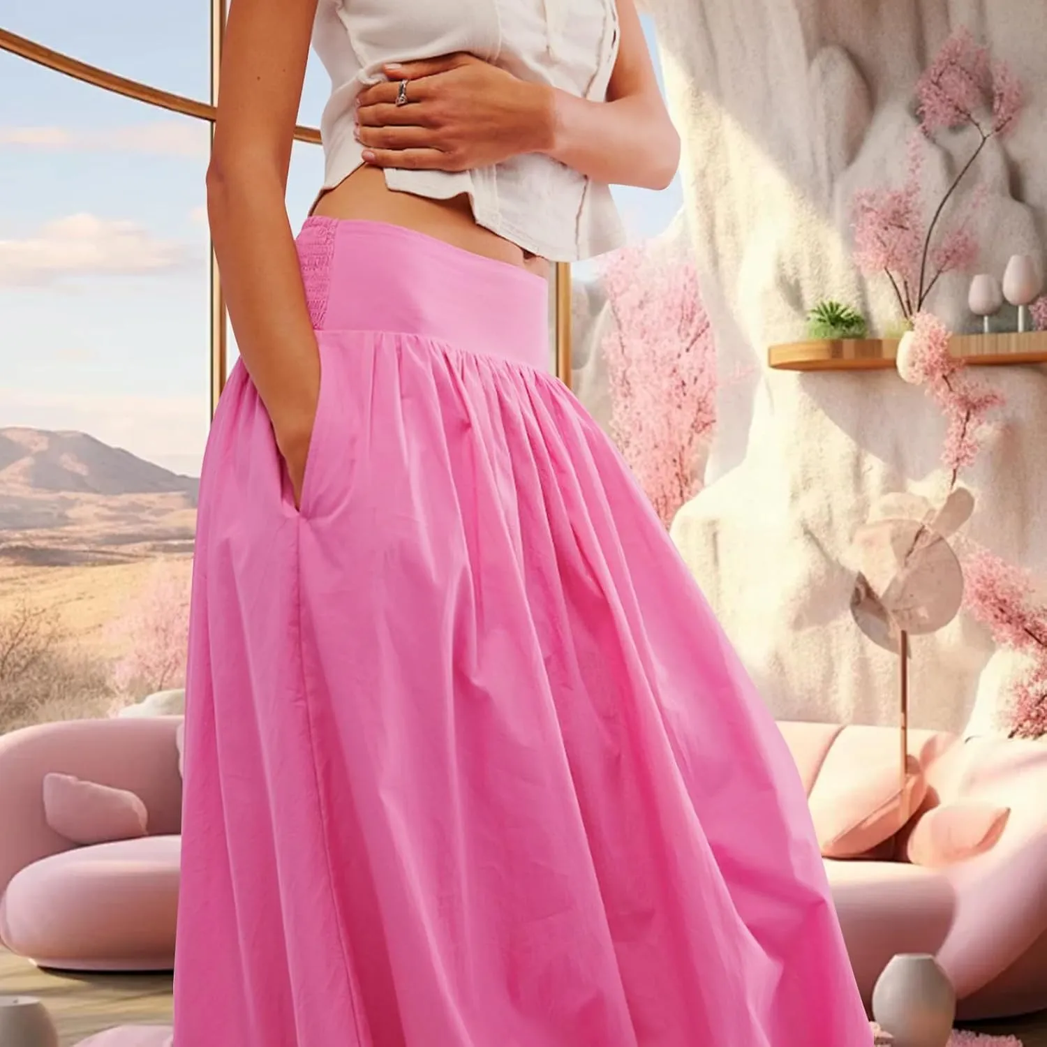 LAVASEON Women Ruffle Bubble Maxi Skirt Y2K High Elastic Waist A Line Pleated Summer Long Fair Skirt