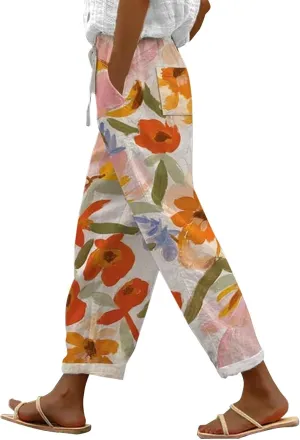 LCMTWX Vacation Linen Outfits for Women 2025 with Pockets Wide Leg Cropped Pants for Women Capri Pants 2025 Pants with