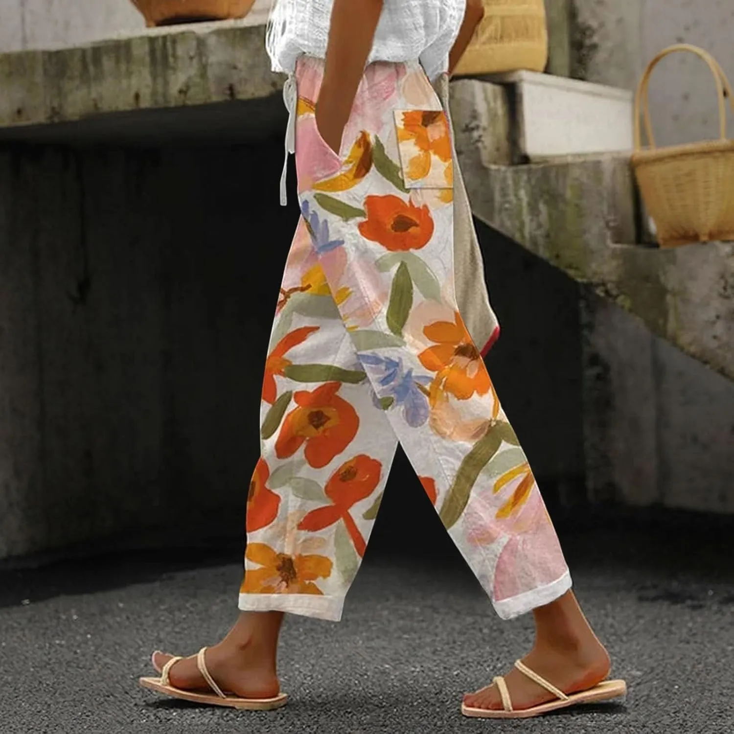 LCMTWX Vacation Linen Outfits for Women 2025 with Pockets Wide Leg Cropped Pants for Women Capri Pants 2025 Pants with