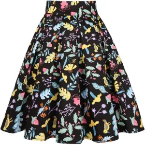 Leaf Birds Retro Floral Print Vintage Pleated Skirts Womens High Waist Midi Swing Skirt